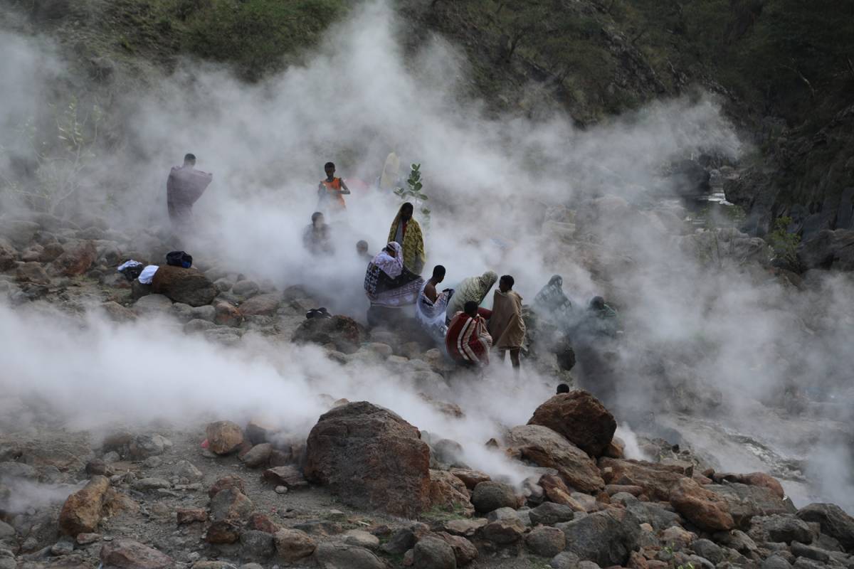 Steam from the hot water